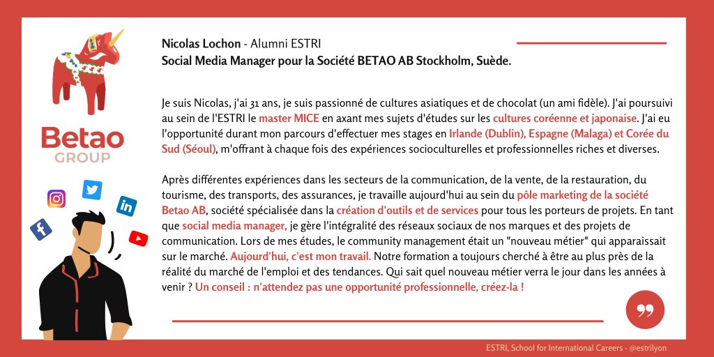 estrilyon's tweet photo. 🎓 Les #alumni de l’#ESTRI

🔎 Nicolas Lochon, ancien étudiant à l’ESTRI et actuellement Social Media Manager chez Betao AB, nous parle de son parcours professionnel riche en expériences dans la #communication à l’international ! https://t.co/X9u1uONkip