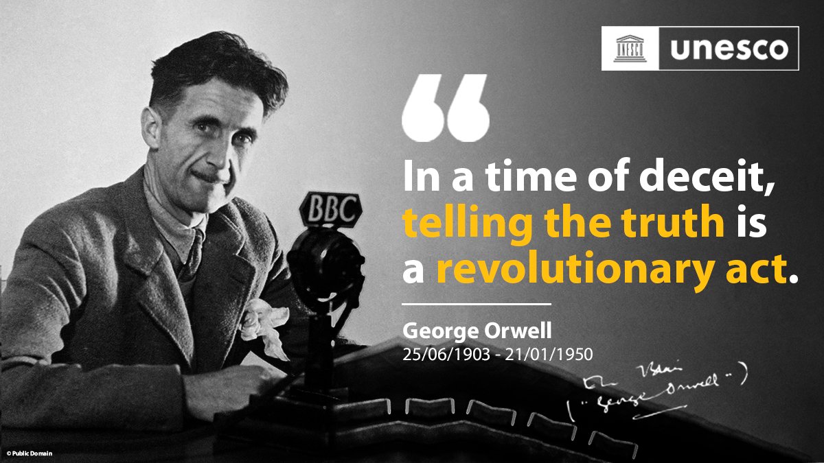 "WAR IS PEACE

FREEDOM IS SLAVERY

IGNORANCE IS STRENGTH"

- Nineteen Eighty-Four

Homage to English novelist George Orwell, born #OnThisDay in 1903.

🗞️ on.unesco.org/3gWyvGw