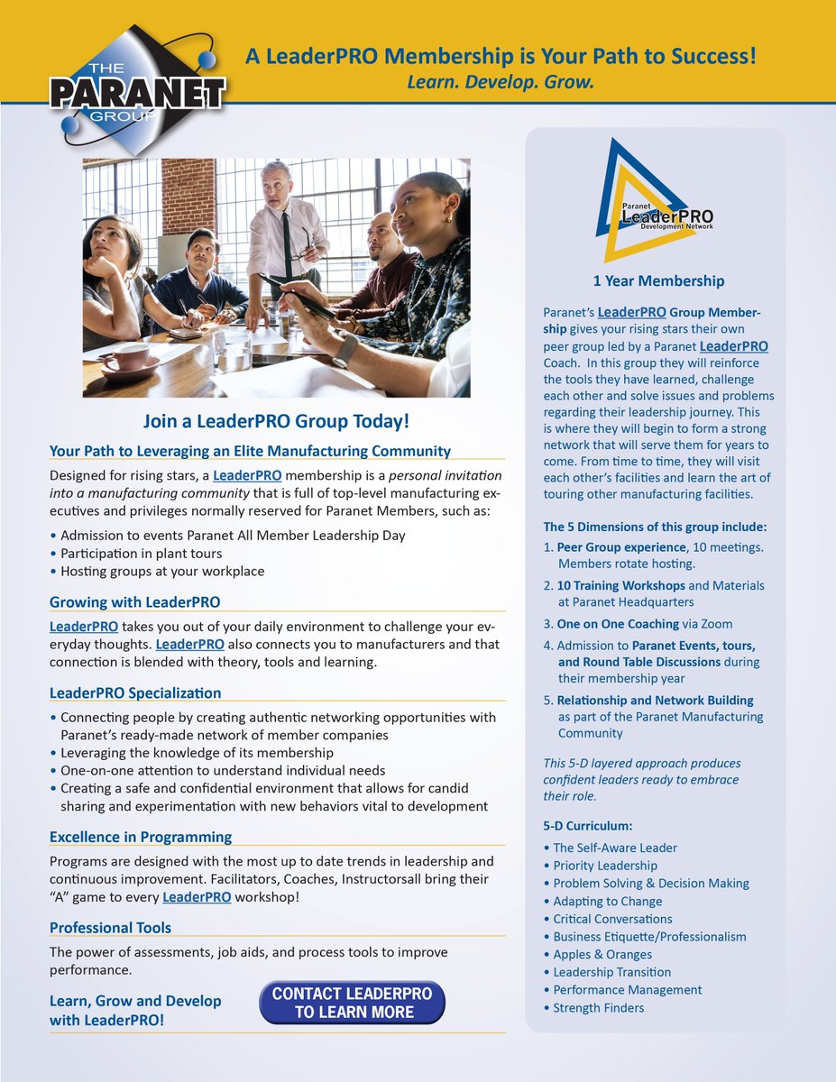 TheParanetGroup's tweet image. Have your Rising Star join a LeaderPRO Leadership Group Today! To see if a LeaderPRO membership is right for you or your team, please contact Paranet President Kelly Rudy today at krudy@paranetgroup.com!
#paranetgroup #LeaderPRO #manufacturingleadership #manufacturingexcellence