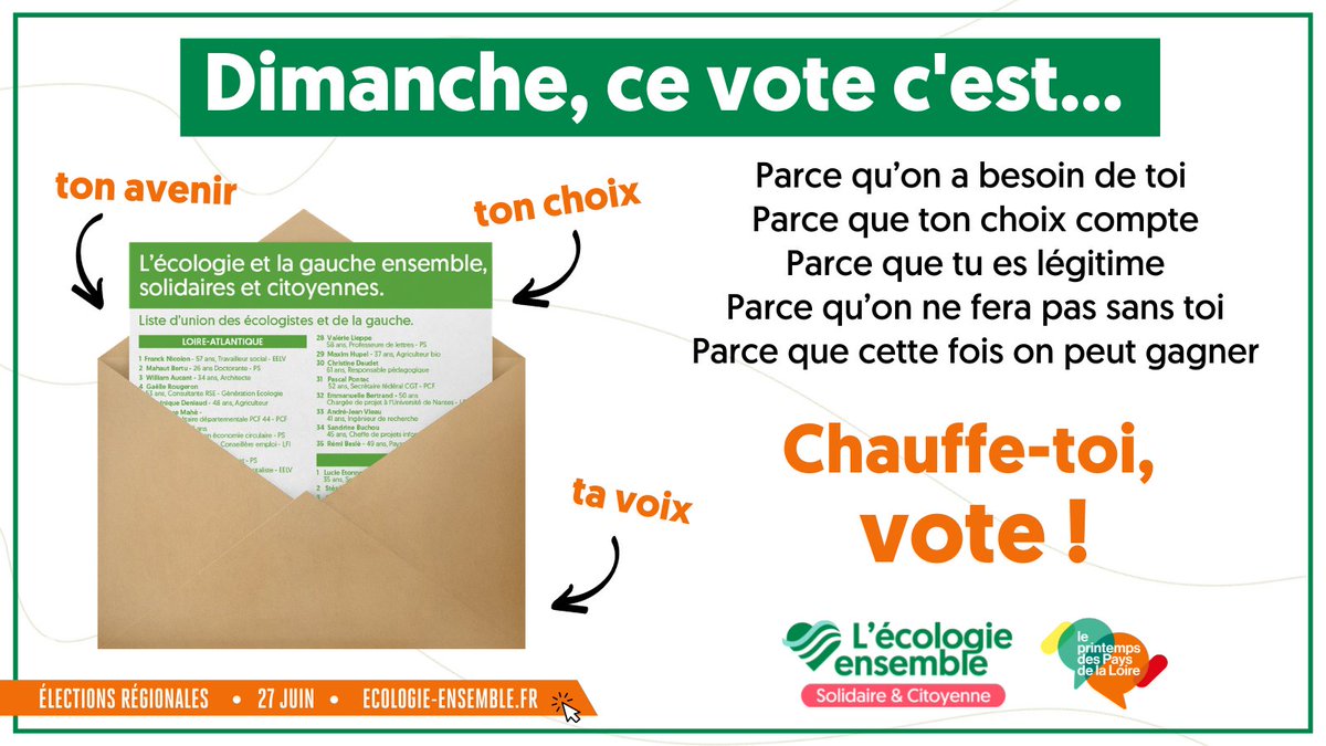 LucieEtonno's tweet photo. Dimanche 27 juin faisons gagner ensemble l'#ecologie   et la #solidarité avec @EcologieEnsembl @M_Orphelin @guillaumegarot https://t.co/gXgKKjR5H9