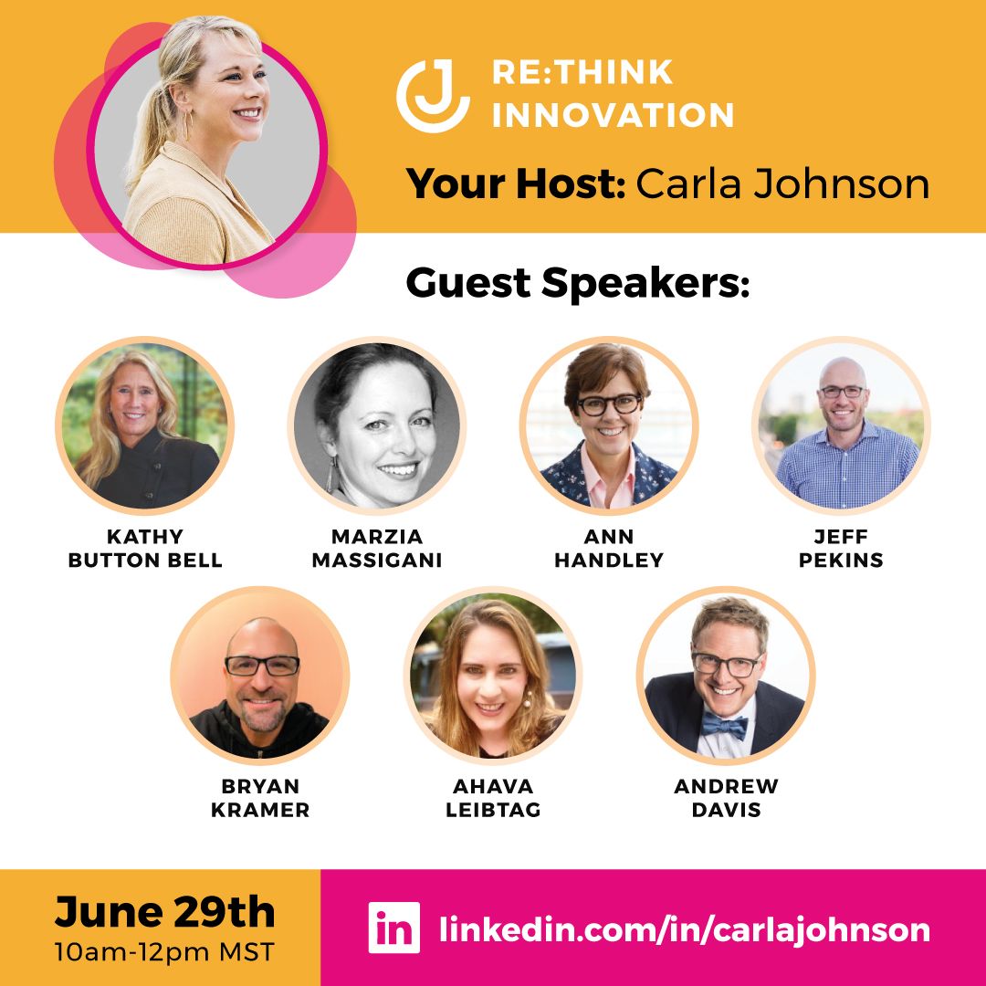Join me Tuesday June 29th for my #livestream #book #launch for #REThink #Innovation on <a href="/LinkedIn/">LinkedIn</a> and <a href="/YouTube/">YouTube</a> 
Noon ET/10am MT. 

<a href="/Emerson_KathyBB/">Kathy Button Bell</a> 
<a href="/MarziaMassi/">Marzia Massignani</a> 
<a href="/annhandley/">Ann Handley</a> 
<a href="/bryankramer/">Bryan Kramer - Keynote Speaker</a> 
<a href="/ahaval/">Ahava Leibtag</a> 
<a href="/DrewDavisHere/">Andrew Davis</a>