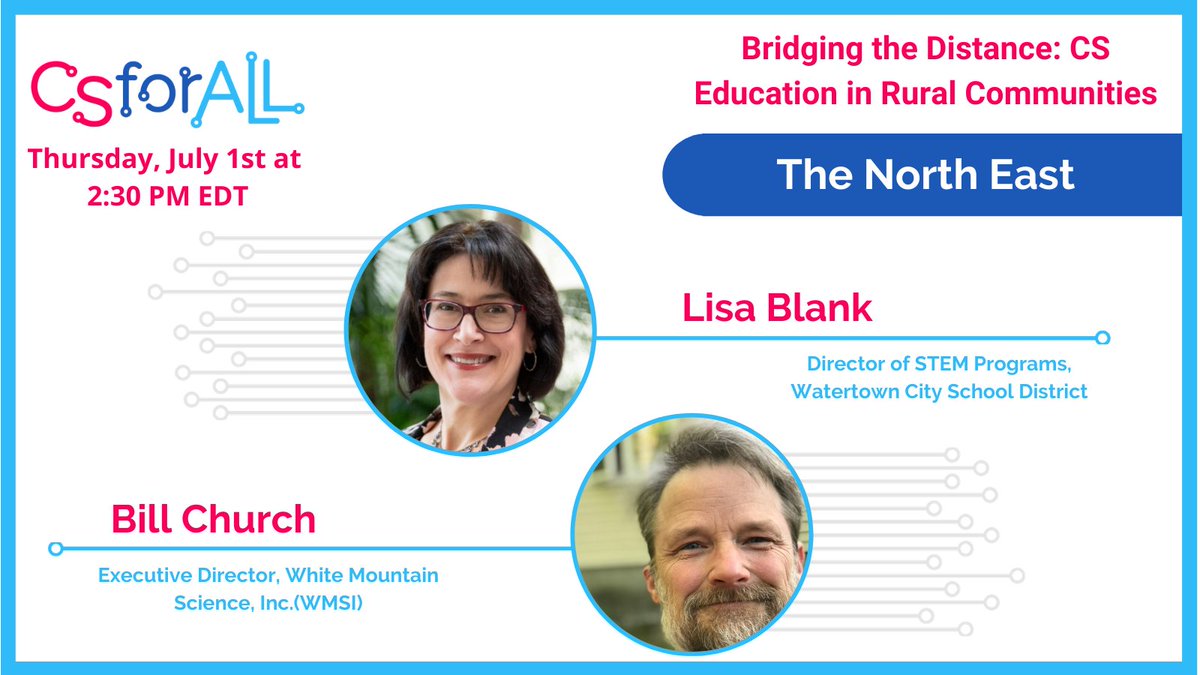 Join #CSforALL's webinar next week w/ <a href="/WCSDCyclones/">Watertown City School District</a>' Director of #STEM Programs, <a href="/ljblank/">Lisa Blank</a>, &amp; White Mountain Science, Inc's ED, Bill Church, as they discuss #CSEd in rural northeast America.  #ComputerScience #Education #Equity

Register Here: bit.ly/CSRuralCommuni…