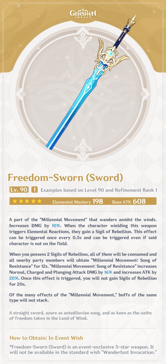 Version 1.6 'Midsummer! Island? Adventure Awaits!' New Weapon Overview Part II
Hey there, Travelers! Today, Paimon wants to show you a brand new weapon that'll be in 'Epitome Invocation'  — Freedom-Sworn (Sword)! Let's go take a look~ 

#GenshinImpact