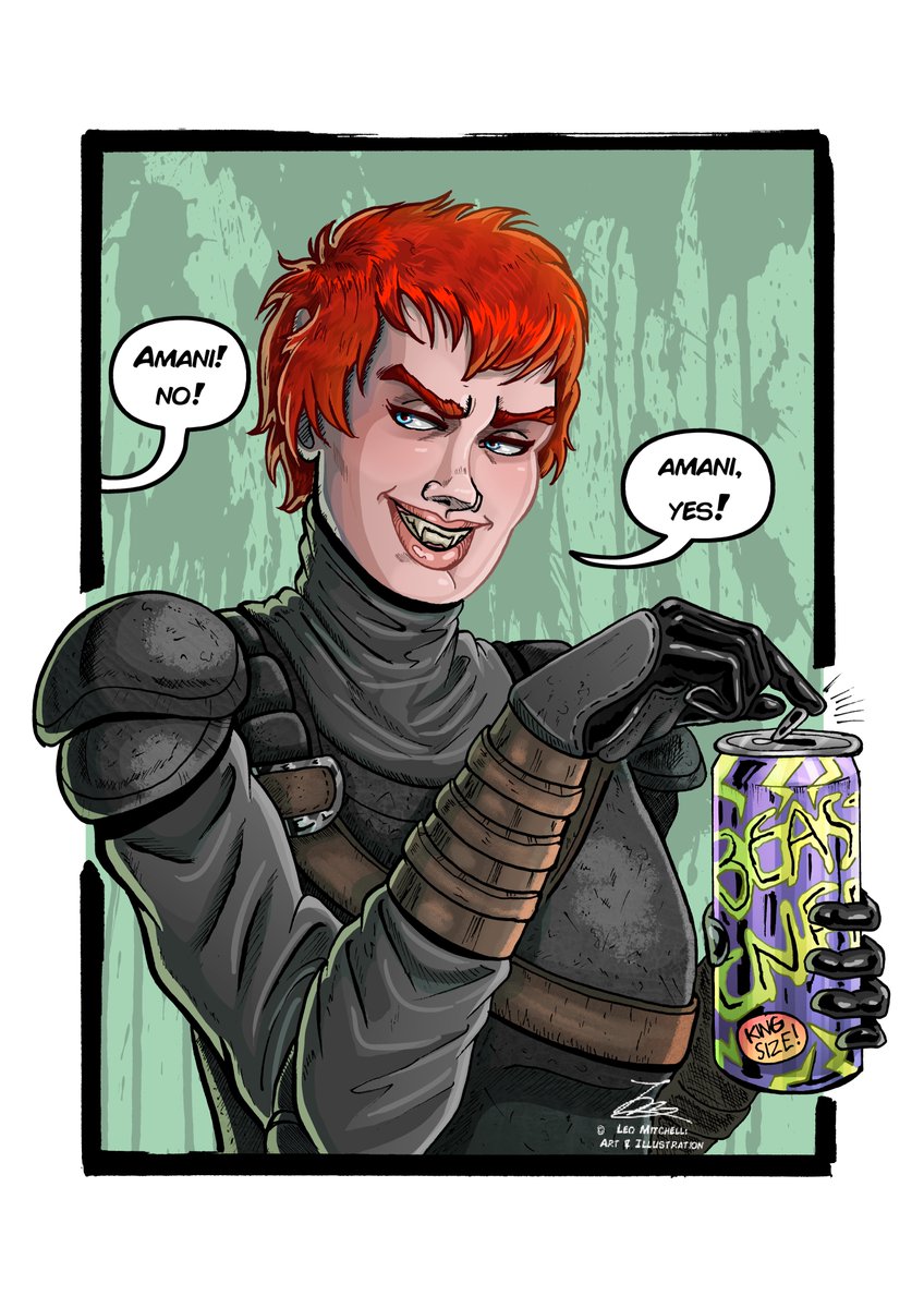 LeoMitchellArt's tweet photo. 💚🎂Happy Birthday @morganskyeblue 🎁💚
It was fun to draw her OC, Amani, again - a vampire warrior woman who shouldn’t be allowed near energy drinks. Especially cans that size!  
#art #artist #drawing #artistsontwitter #Ghostbusters #GhostbustersOC #HappyBirthday https://t.co/KR4TNFUK3k