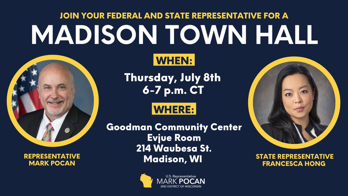 StateRepHong's tweet photo. ‼️On Thursday, July 8, @repmarkpocan and I will host a town hall meeting in Madison to speak with you and answer your questions about critical issues affecting Wisconsinites. Join us‼️ https://t.co/NOEAX5Ksvs