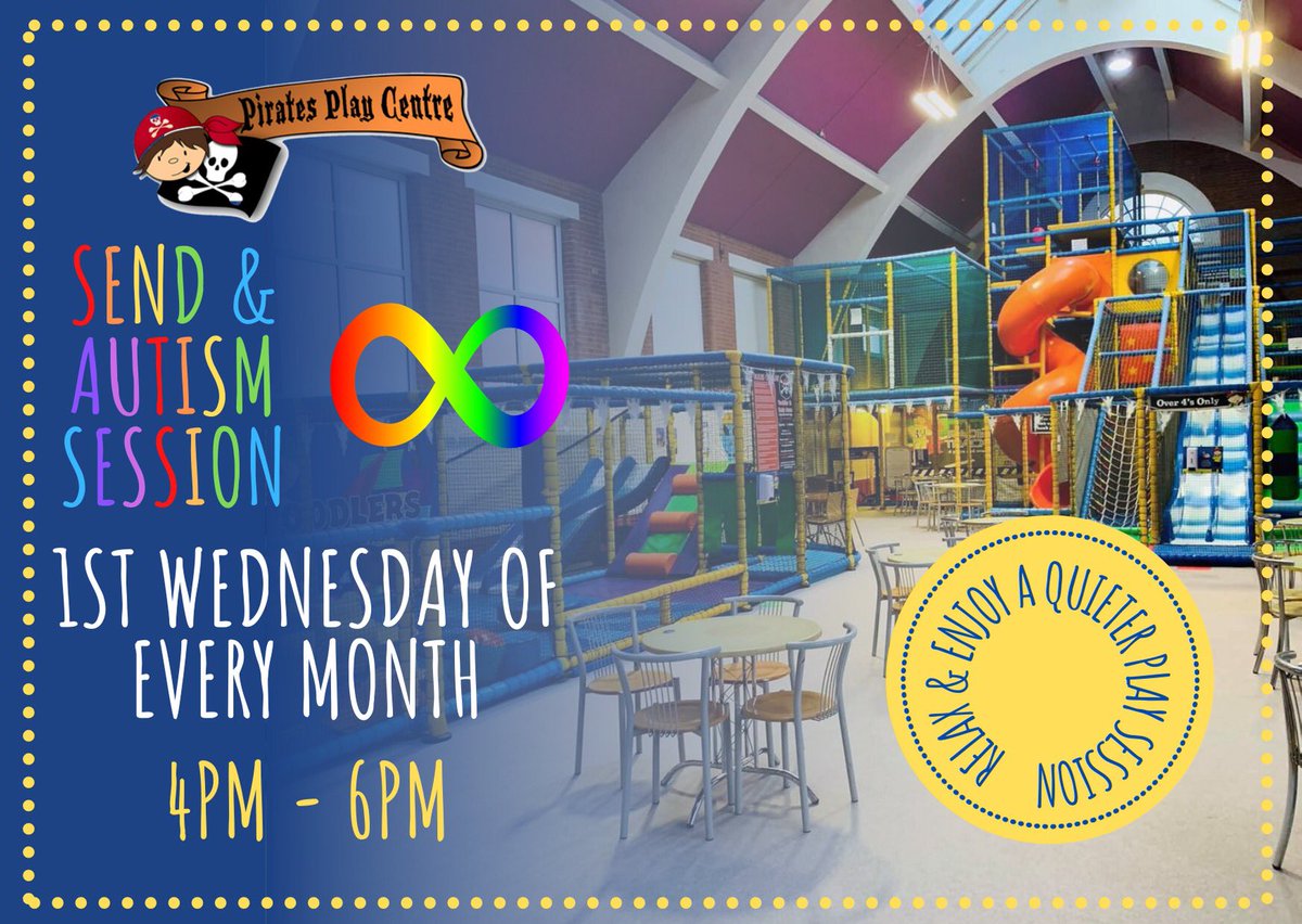 PiratePlayNotts's tweet photo. Our relaxed Autism &amp; SEND sessions are back! 🌈 1st Wednesday of every month | 16:00 - 18:00 

We hope you’ll be able to relax and enjoy your time with a quieter session. 

👉 Please book online at https://t.co/3PnN8PVWkI 👈

#autism #autismawareness #send #piratesplaycentre https://t.co/KVQo0ESgIE