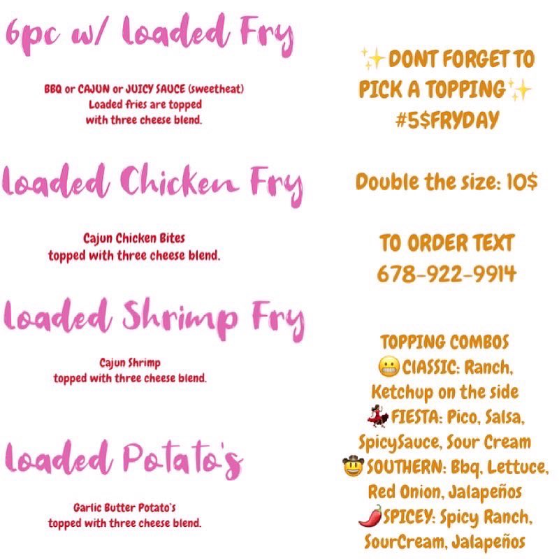 McGrubs's tweet photo. EVERYTHING 5$ on this
beautiful #FryDay ! 
TO ORDER TEXT 678-922-9914 
“ 𝒢𝑜𝑜𝒹 𝒢𝓇𝓊𝒷 𝒜𝓉 𝒜 𝒢𝑜𝑜𝒹 𝒫𝓇𝒾𝒸𝑒 “
PICK UP ONLY 📍Marietta, GA 
✨ REPOST THIS ON YOUR STORY
 for 25% off your next order! 
#Marietta #Cobb #cobbcountyga #mariettaeats #atlantaeats https://t.co/bksFuSGWGq