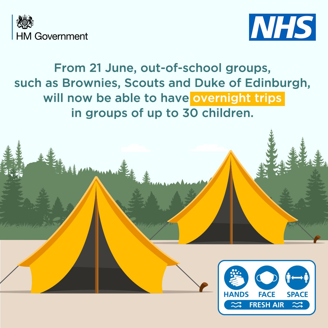 From 21 June, out-of-school groups, such as Brownies, Scouts and Duke of Edinburgh, will now be able to have overnight trips in groups of up to 30 children.

For more information, go to orlo.uk/L2fad