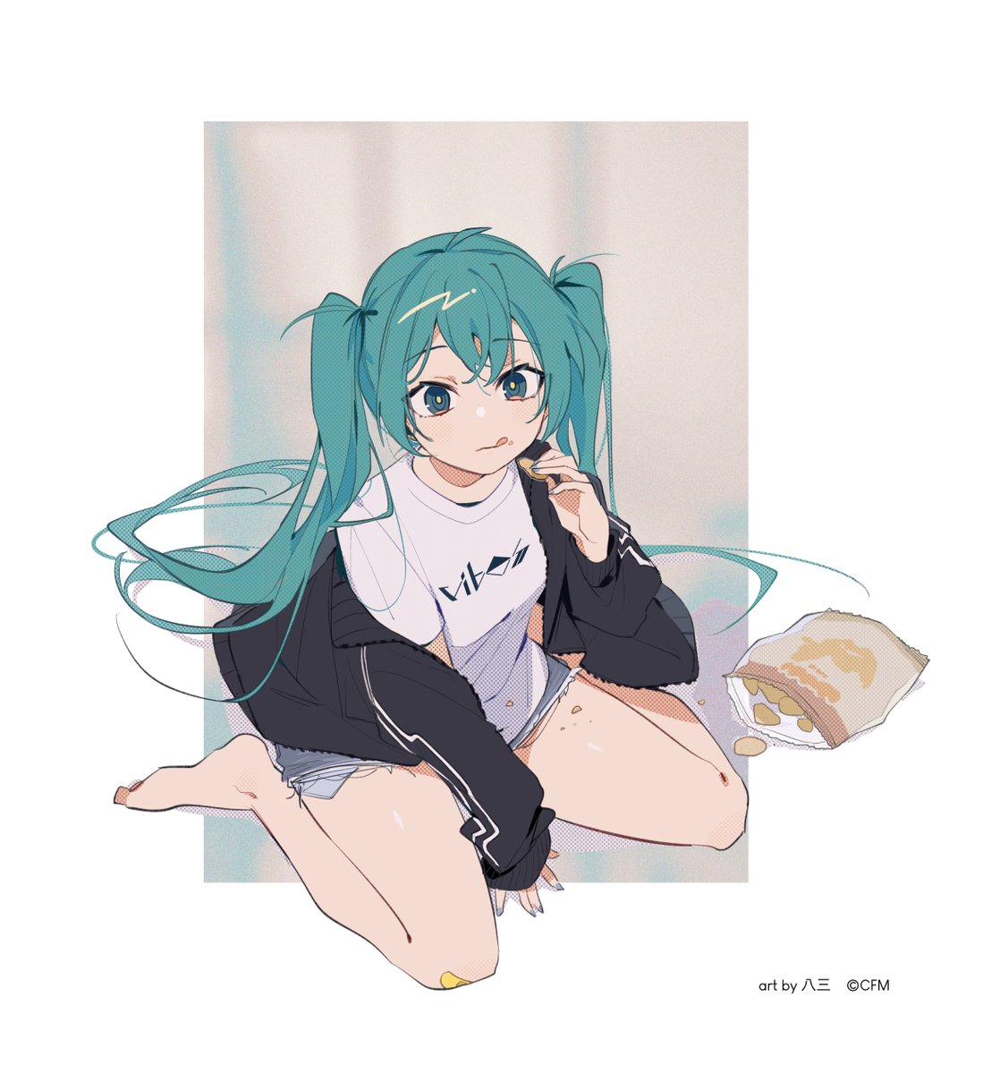 hatsune miku 1girl solo twintails long hair food shirt shorts  illustration images