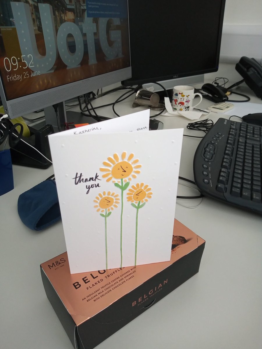 Drove to campus today for the first time since March 2020. A lovely surprise on my desk:  card and chocolates from @UofGSoLS  #HumanBiology students have made my day. 😀❤️
