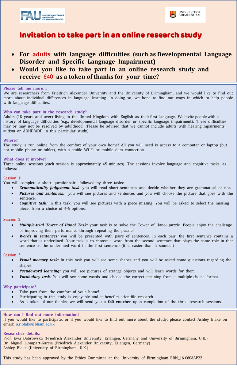 langcogfau's tweet image. We are inviting adults with language difficulties (such as DLD) to take part in our new research study. The study is for adults in the United Kingdom, aged 18 years and over. There are 3 online sessions, so it is easy to take part! #DevLangDis #ThinkLanguage #ThinkDLD #SLPeeps