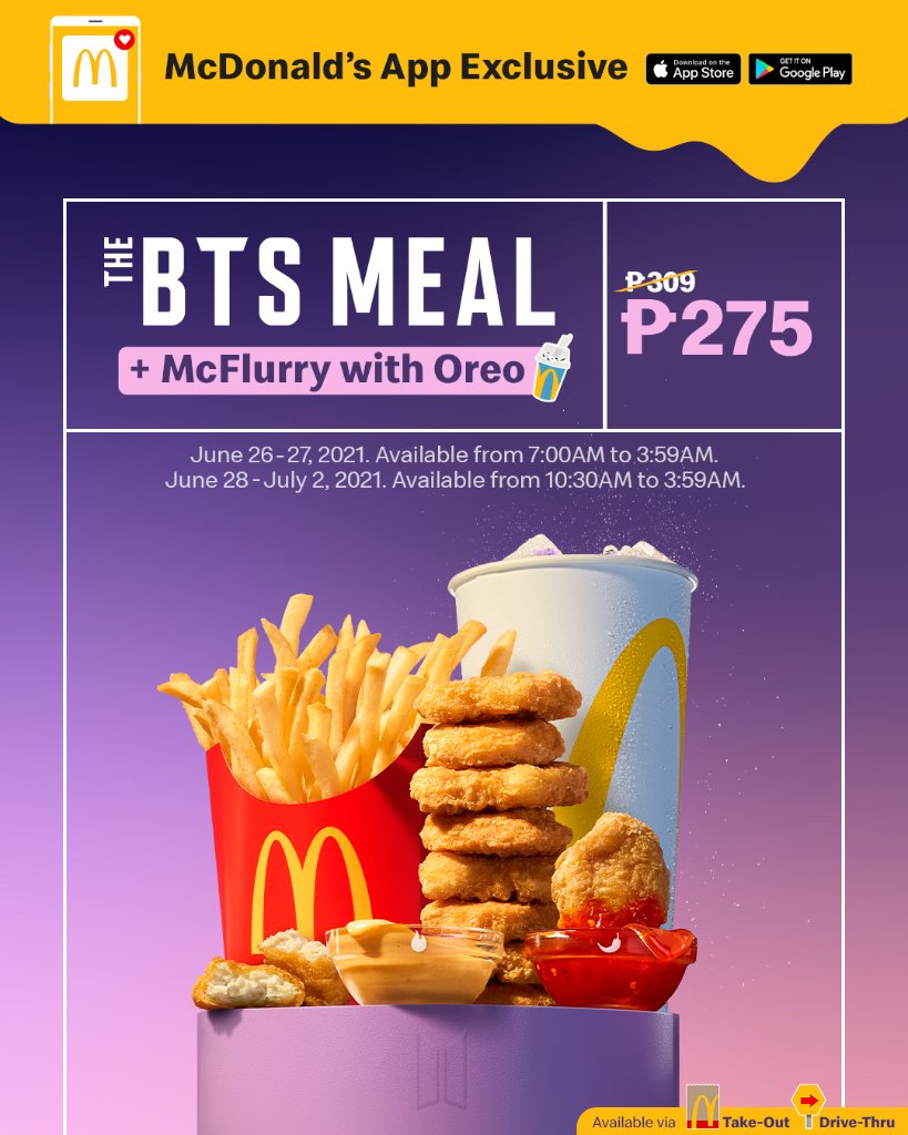 McFlurry one, please! 😍  Enjoy the spicy and sweet duo of The BTS Meal + McFlurry with Oreo! 🍦 Get it for ONLY ₱275 on the McDonald’s App. 📲 Download now and #ClaimIt via Drive-Thru and Take Out! #BTSMealPH