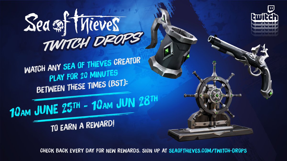 sandygers's tweet photo. Today and over the weekend I get the opportunity to offer you some Twitch Drops from @SeaOfThieves Be sure to stop by from 6pm BST Friday, 6pm BST Saturday and 4pm BST Sunday and hangout for your drops in the stream #BeMorePirate #sotdrops https://t.co/u2O2DA44sT https://t.co/nuR1mLD7LH