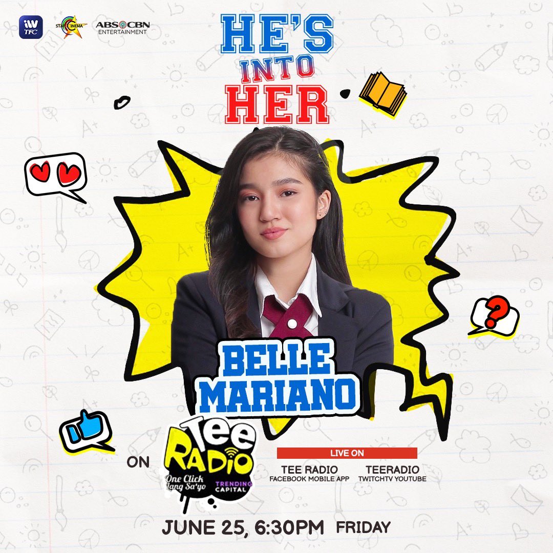 StarCinema's tweet photo. #HesIntoHer's Maxpein (@belle_mariano) will be on #TeeRadio tonight, 6:30PM!

Tune in on time! Don't be late! HOO-HAH! 🐻 https://t.co/EVvL9SYBva