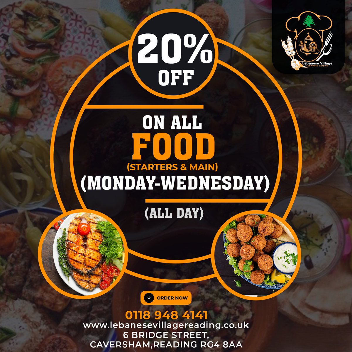VillageLebanese's tweet photo. Enjoy traditional, delicious Lebanese food here at Lebanese Village and get 20% off on all food, including starters & main orders.
P.S. This offer is valid every Monday to Wednesday (All day).
#LebaneseVillage #DiscountOnFood #20Cent #SpecialDiscount #GetRdg #MyRdg #rdguk. https://t.co/3B4bQBPEGe