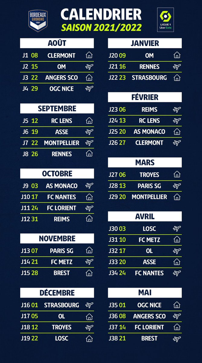 Calendrier Girondins De Bordeaux 2023 2024 Fc Girondins De Bordeaux On Twitter: "Le Calendrier De La @Ligue1Ubereats A  Été Dévoilé ! 1Er Rdv De La Saison Le Week-End Du 08/08 Face À  @Clermontfoot À Domicile 💥 1Er Déplacement