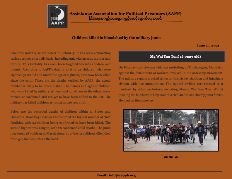 aapp_burma's tweet photo. According to AAPP documentation 55 children have been killed Burma's junta since the 1 February coup. 

Listed are named and identified children under the age of 18.

#WhatsHappeningInMyanmar 

Link - https://t.co/uqrhWlI835

List - https://t.co/r5OXxXbjnA https://t.co/6rQEEY7qxY