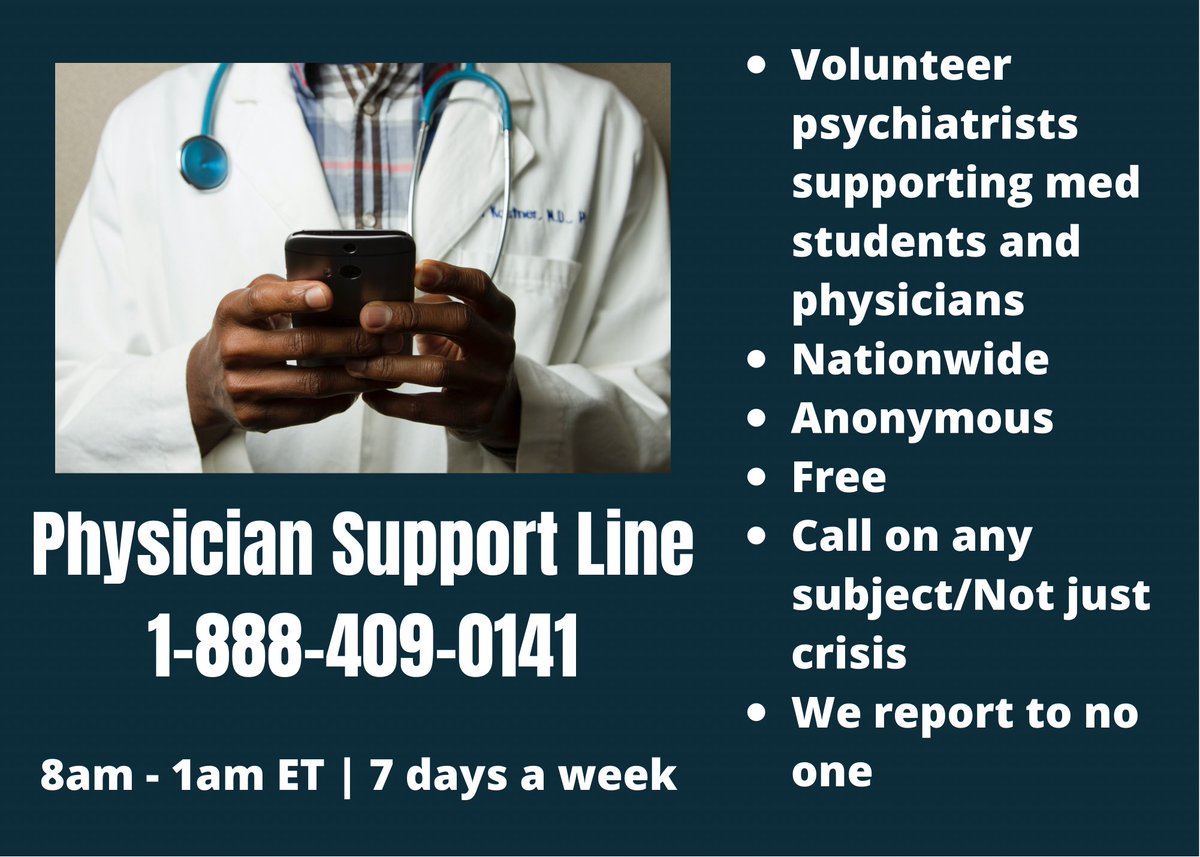 @screamingmd Even as a psychiatrist this never gets easier to hear. As the founder of Physician Support Line, I ask that if any med students or doctor colleagues feel like they could use support from a fellow doc that “gets it” on any subject call us. Doesn’t have to be crisis. Please.