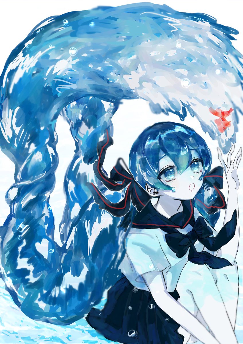 hatsune miku liquid hair 1girl school uniform fish long hair blue hair solo  illustration images