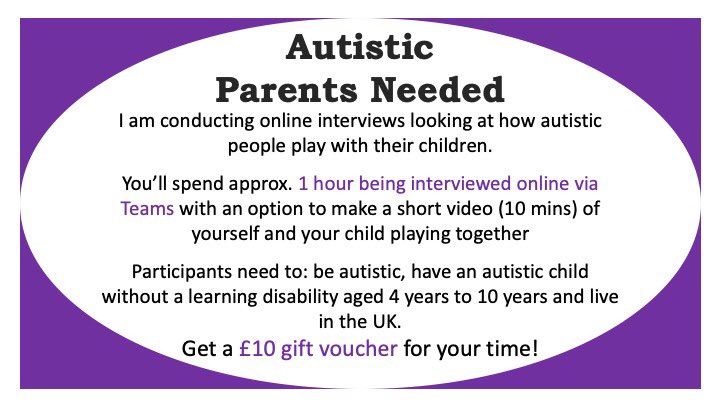 I am looking for UK Autistic parents to take part in an interview study on autistic play who have a diagnosed autistic child aged 4yrs to 10yrs without a learning disability. Interviews to take place after school holidays in August. Ethics approved email: Kabie.Brook@ed.ac.uk
