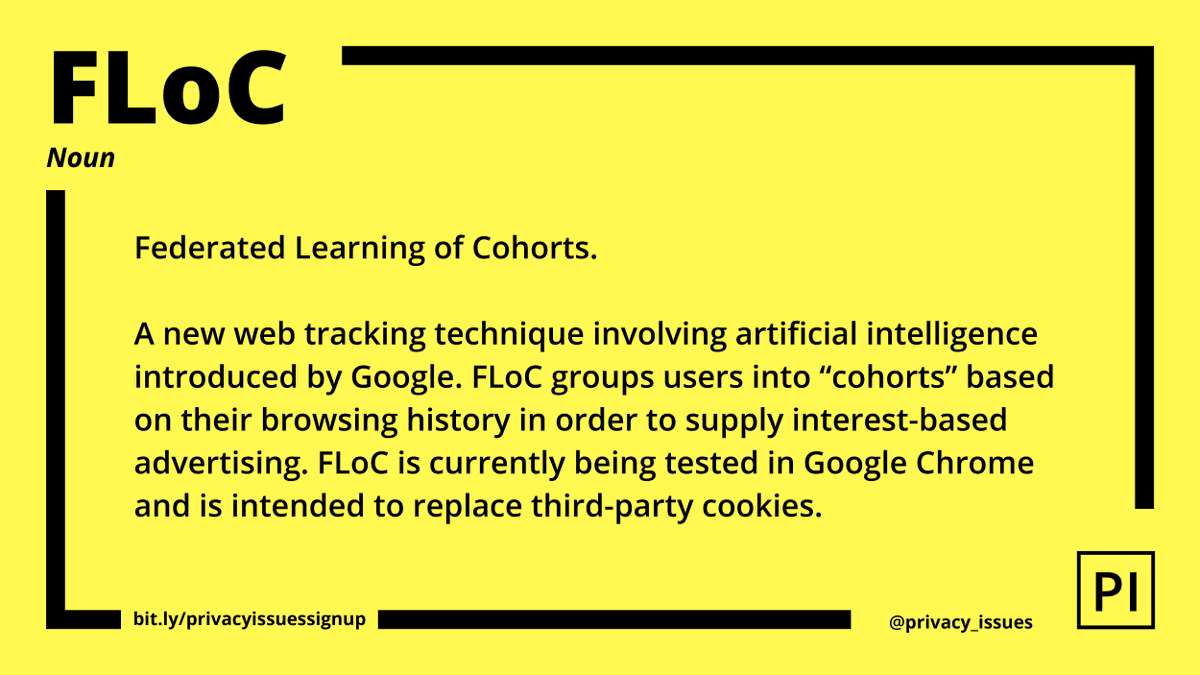 privacy_issues's tweet image. Today our #GlossaryPI term is #FLoC. This #web #tracking #technology was developed by @Google. It claimed that FLoC was at least 95% effective compared to tracking using #thirdparty #cookies. 🤔 

Share our terms if you care about #privacy.