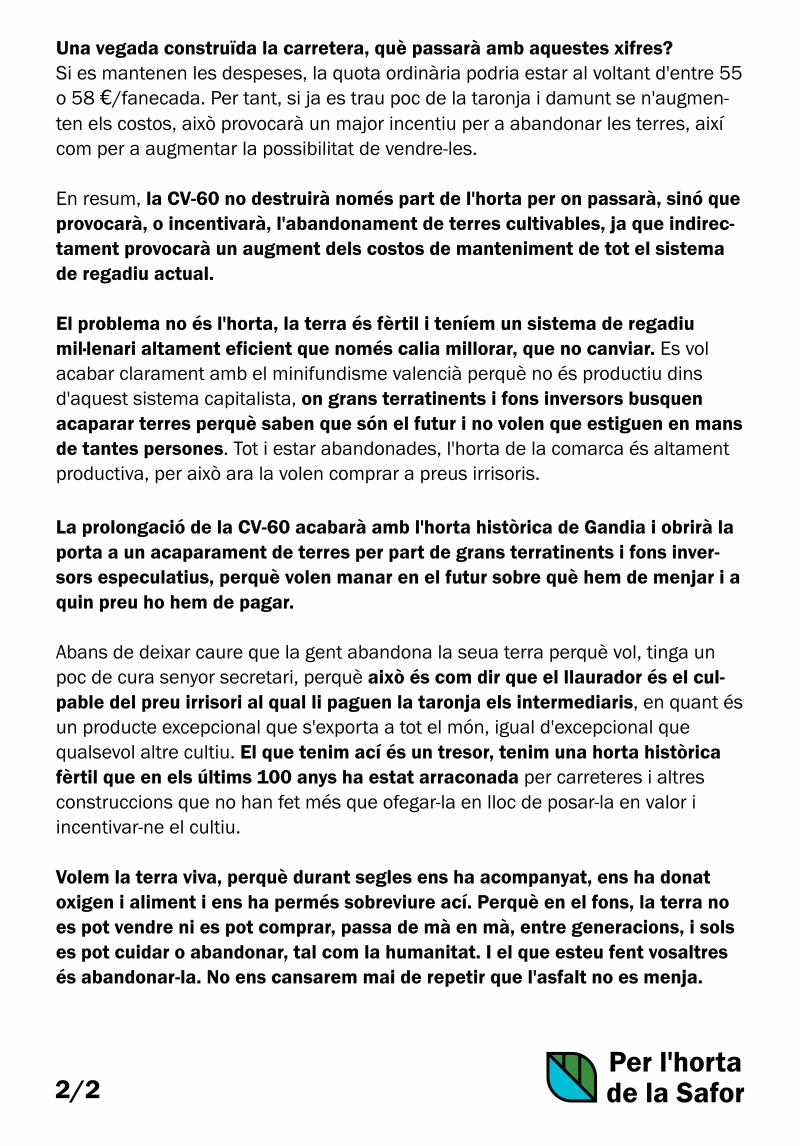 Perlhortasafor's tweet photo. Resposta a Voro Femenia, Secretari General del PSPV-PSOE a la Safor-Valldigna

La CV-60 no només destrossarà l'horta, sinó que provocarà o incentivarà l'abandonament de terres cultivables i obrirà la porta a un acaparament de terres per part de grans terratinents i fons (...) 1/2 https://t.co/h398xdH4FY