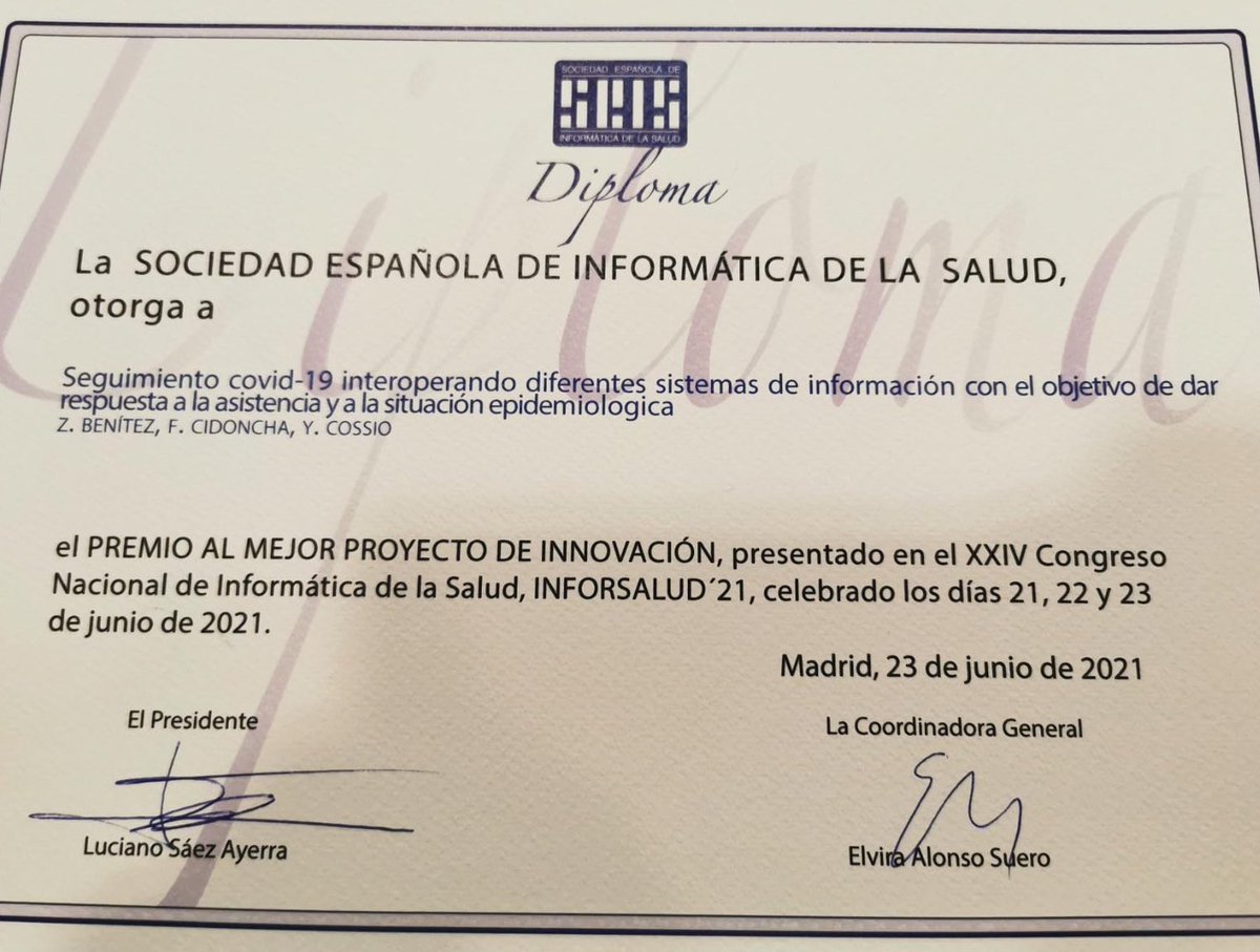 vallhebron's tweet photo. La @SEISeSalud ha atorgat el Premi al Millor Projecte d'Innovació del #INFORSALUD21 a Zaira Benítez, Francisco Cidoncha i Yolima Cossio, de la Direcció de Sistemes d'Informació, pel projecte sobre seguiment #COVID19 interoperant diferents sistemes d'informació. https://t.co/irDTVPSHlq