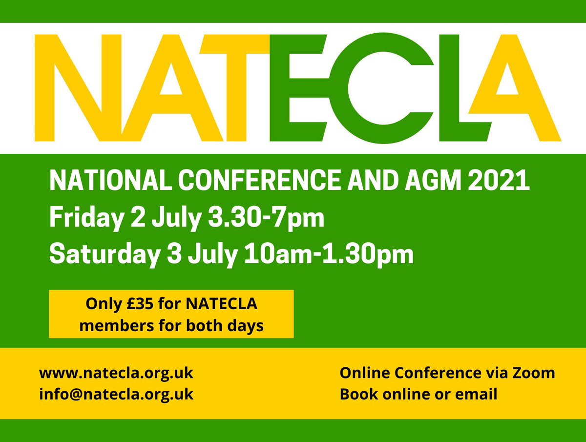 Only 1 week to go!
Have you booked your ticket for the annual NATECLA National Conference and AGM yet? 
Only £35 for NATECLA members for the 2 day online programme. Book online here ow.ly/4ACm50F13VP #ESOL #LoveESOL #EFL #ELT