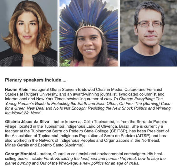 The upcoming degrowth and ecological economics conference has a great program. Speakers include <a href="/NaomiAKlein/">Naomi Klein</a>, <a href="/TupinambaCelia/">Celia Tupinambá</a>, <a href="/GeorgeMonbiot/">George Monbiot</a> and many others. 135 parallel sessions. It's free to attend and registration is open. isee-esee-degrowth2021.net