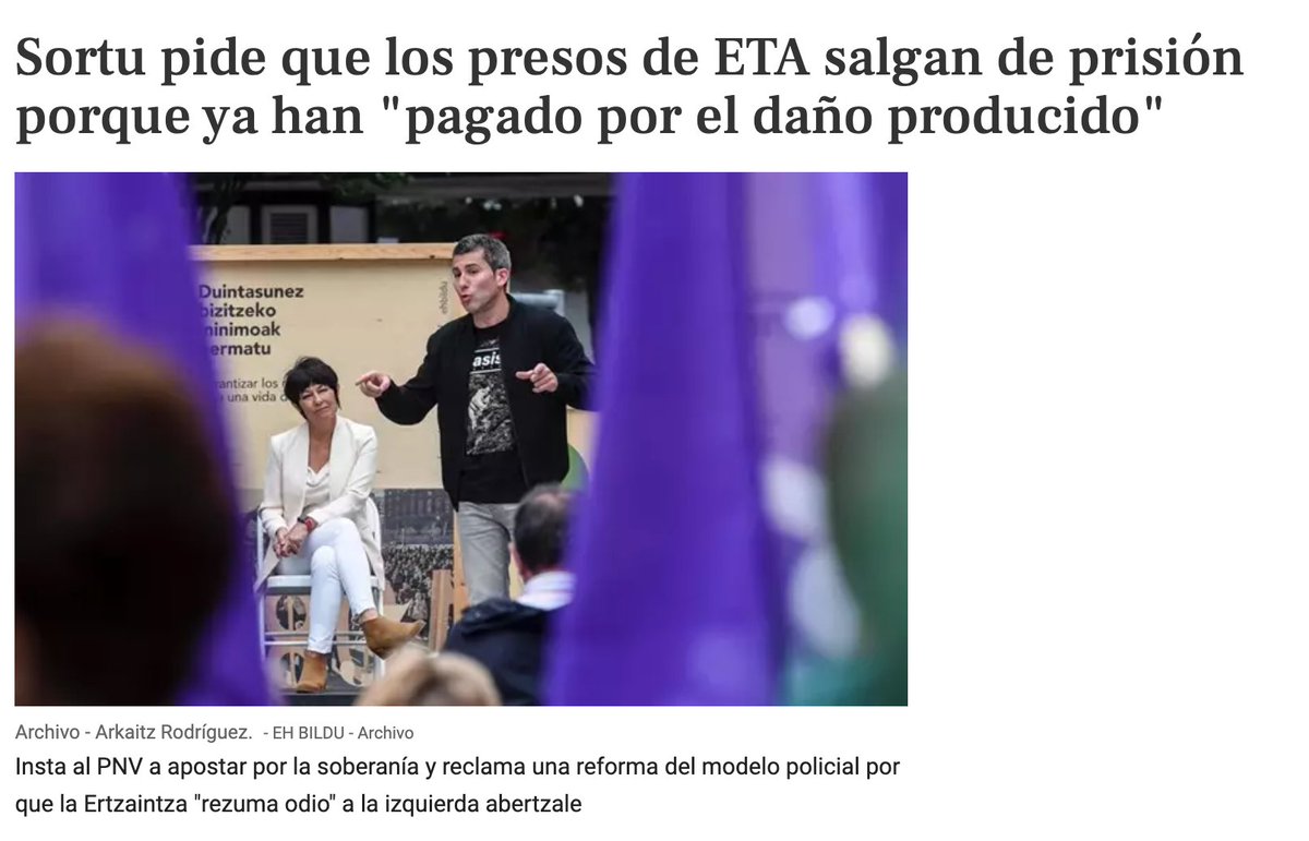 Más de la mitad de los asesinatos de ETA están impunes, por lo no hablar de los atentados con heridos, en estos casos la cifra de impunidad es mucho mayor.

Pero SORTU dice que los etarras presos "ya han pagado" y exige que salgan todos de prisión.

europapress.es/nacional/notic…