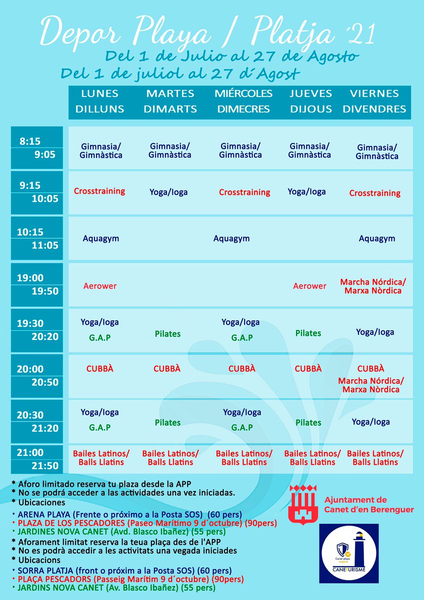 Aquí tenéis el programa Depor Playa 2021. 
A partir del 1 de Julio y hasta el 27 de Agosto actividades gratuitas en diferentes ubicaciones de Canet d`en Berenguer.
Recuerda que el aforo es limitado. Reserva tu plaza a través de la App Canet Playa Segura.
#hotelaghcanet