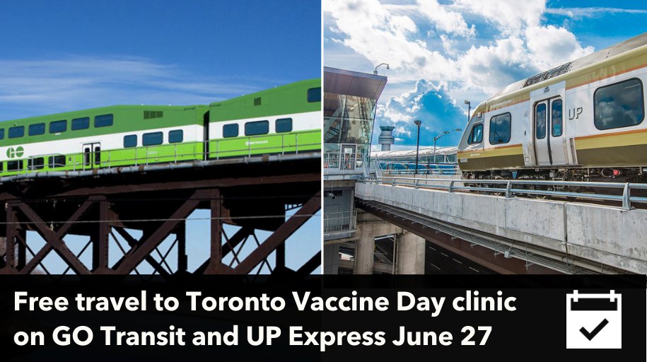 Metrolinx's tweet photo. 💉We are offering free rides on GO Transit and UP Express for Toronto Vaccine Day. If you have an appointment or are working or volunteering at Scotiabank Arena on June 27, you can ride with us to and from Union Station. https://t.co/twMavpkjPz #TorontoVaccineDay https://t.co/bPbPazVEVv