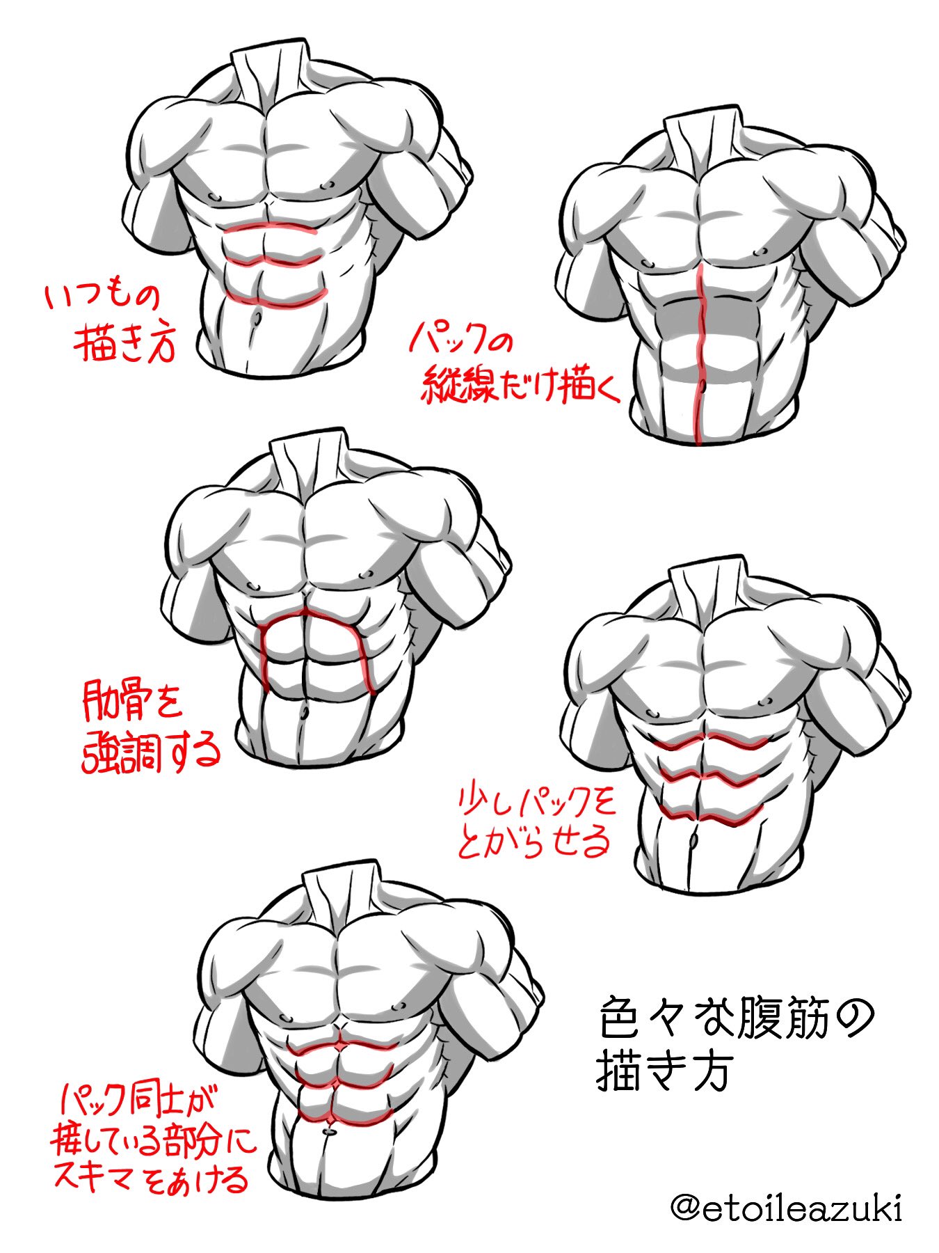 かまた 筋肉専門イラストレーター マッチョ描きのつぶやき 色々な腹筋の描き方 腹筋の形は人それぞれなので 描き方 も色々 正直まだまだ納得いく腹筋が描けてない いろんなマッチョの人や絵師さんの描くマッチョを見る時 腹筋チェックは欠かせません