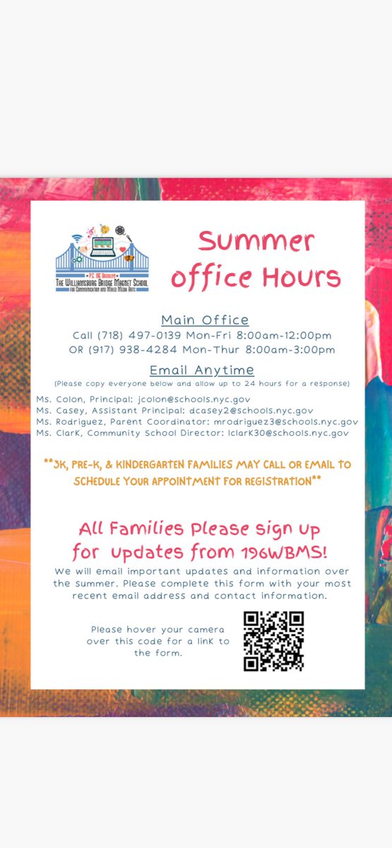 If you need to reach out to 196WBMS this Summer please feel free!  Thanks for a great year!  196WBMS students are amazing !  Happy Summer! <a href="/NYCSD14/">Community School District 14</a> <a href="/UCS_UFT/">United Community Schools</a> <a href="/NYCSchools/">NYC Public Schools</a> @ExecSuptKWatts