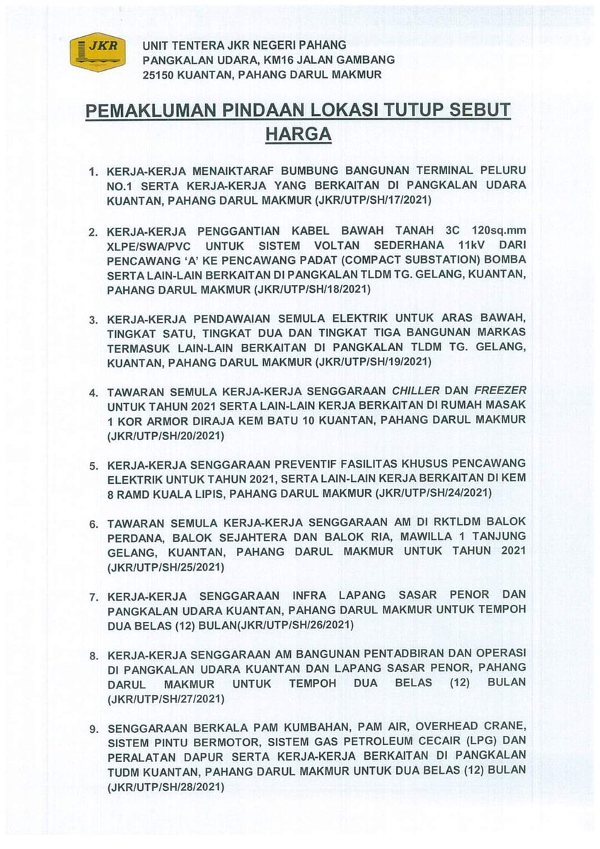 Unit Tentera Jkr Negeri Pahang On Twitter Pindaan Lokasi Tutup Sebut Harga Unit Tentera Jkr Pahang 1 Jkr Utp Sh 17 2021 2 Jkr Utp Sh 18 2021 3 Jkr Utp Sh 19 2021 4 Jkr Utp Sh 20 2021 5 Jkr Utp Sh 24 2021 6 Jkr Utp Sh 25 2021 7 Jkr Utp Sh 26