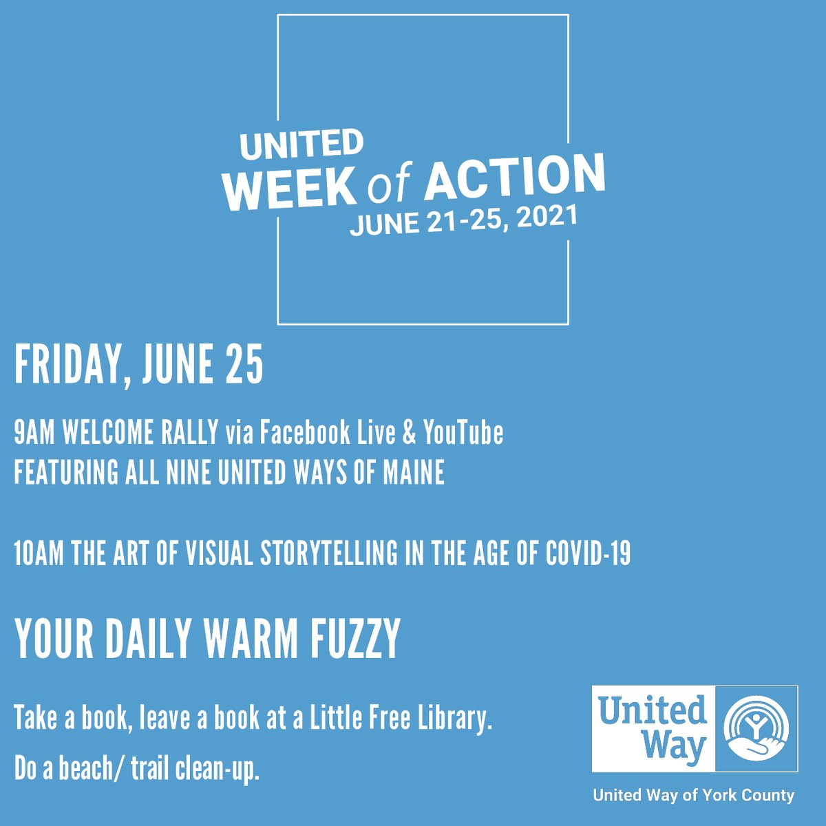 Today is the final day of #WeekofAction, so we've invited all nine United Ways of Maine to take part in the 9 a.m. Facebook Live kick-off.  Join us at 10 a.m., as well, for The Art of Visual Storytelling. 

See all of the activities around the state at unitedwaysofmaine.org/week-of-action/.