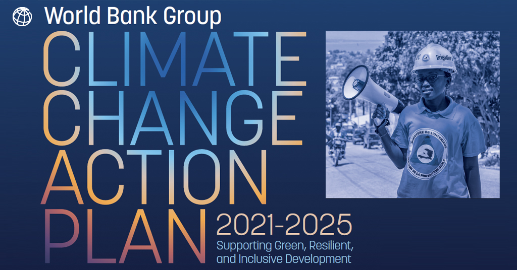 Postcard w-photo of Haitian lady carrying a loudspeaker and title "Climate Change Action Plan 2021-2025"