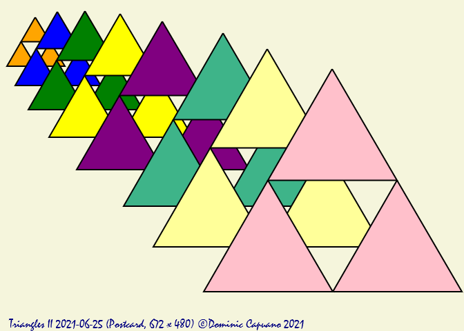 DominicCapuano's tweet photo. Triangles II 2021-06-25 (Postcard, 672 x 480)
Copyright Dominic Capuano 2021
#geometrysketchbook #GeometricArt #art #artistsontwitter #generative #generativeart #javascriptart #codeart #calculateart #creativecoding #geometry #mathart #javascript #canvas #HTML5 #triangles https://t.co/9W3PZX5SDV