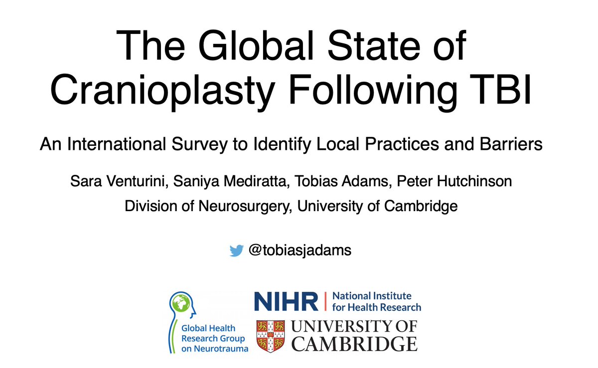 tobiasjadams's tweet image. It was a pleasure to present our work on global #cranioplasty practice following #TBI at the @WFNSHQ webinar on innovations in #neurotrauma today!
@_SaraVenturini_ @SaniyaMediratta @pja_hutch 

There is still time so please contribute to the survey at: tinyurl.com/Cranioplasty
