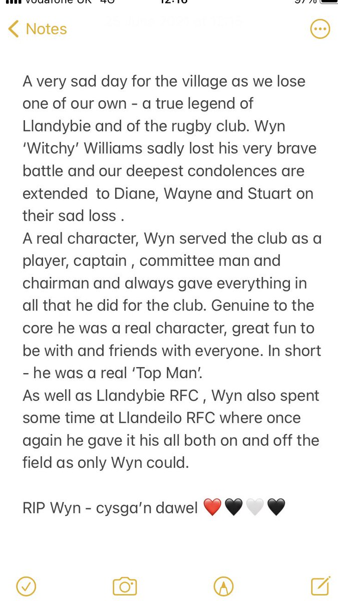 Llandybie_RFC's tweet photo. A very sad day for the village and the rugby club. Deepest condolences to Diane, Wayne and Stuart. RIP Wyn https://t.co/AdrLeFhle3