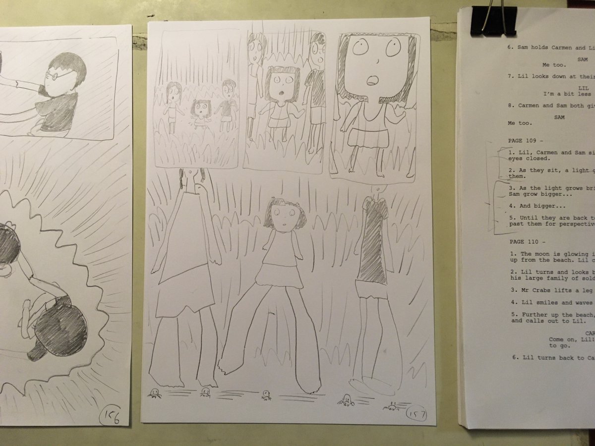 MarkDeere's tweet photo. Hereโs my comic planning page for today - page 157. The perspective foreshortening is totally wrong, but Iโll spend more time on it when I redo it for inking. Only three more pages of the whole graphic novel planning to go, I think. Almost there. #comic #wip #beachcomic https://t.co/EaO9ZeJpkw
