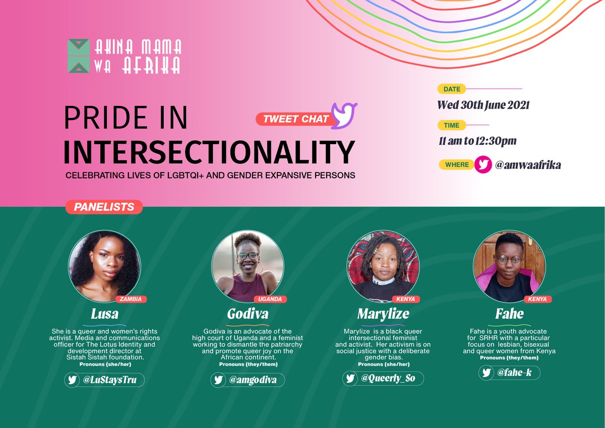 #Pride2021  tweet chat, anyone? Join us next Wednesday between 11:00 and 12:30 pm (EAT) for a conversation on Pride in Intersectionality with panelists from Uganda, Kenya and Zambia. Cheers to the Queers 🌈
#PrideinIntersectionality