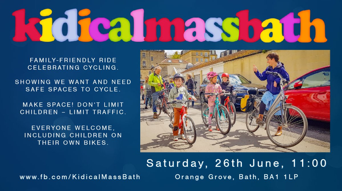 Tomorrow's the second #KidicalMassBath & we've a challenge to beat last month's incredible turnout! Get out the #bike or #scooter and join in! The weather looks good to have fun, be heard, be seen [bright colours please!], & lets picnic in #HenriettaPark after 🌞🛴🚲#KidicalMass