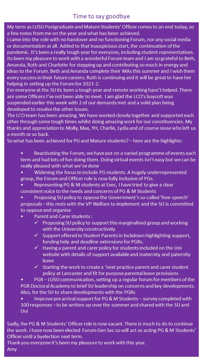 LUSUmaturestud1's tweet photo. My last day as your Postgrad and Mature Students' Officer (although I am continuing in an acting role pending a byelection next term).
Here's my end of year report. https://t.co/8FoXxo1Djg