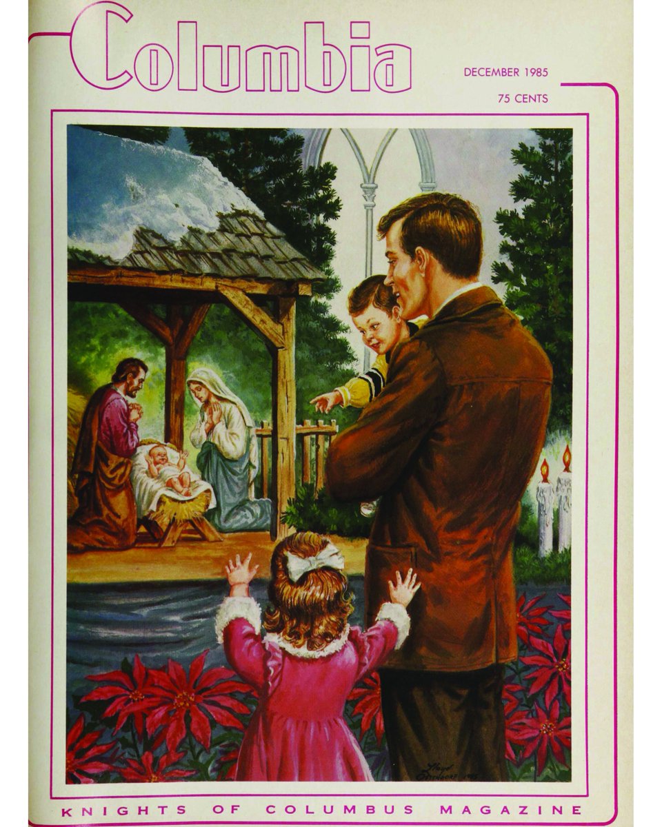 Magazine cover image featuring a father with his two children looking upon the Holy Family in the stable.