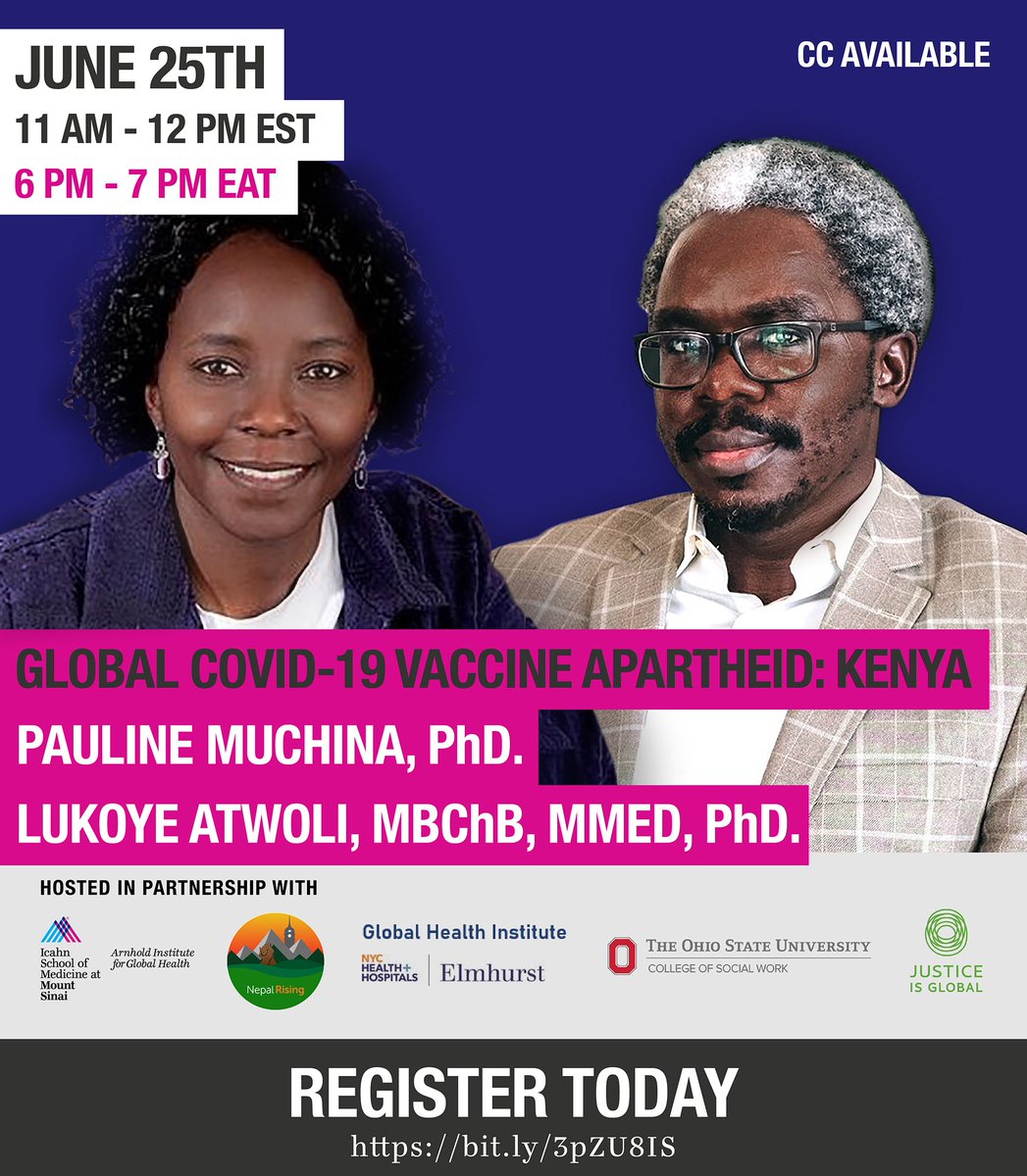 TODAY - Join for this important dialogue about the urgent need to expand global vaccine access to Kenya. 

Register now!: 
lnkd.in/d8FcUX6

@osucsw @NYCHealthSystem @justiceisglobal @NepalRising  #vaccineequity #globalhealth #WhatMustWeDoNow