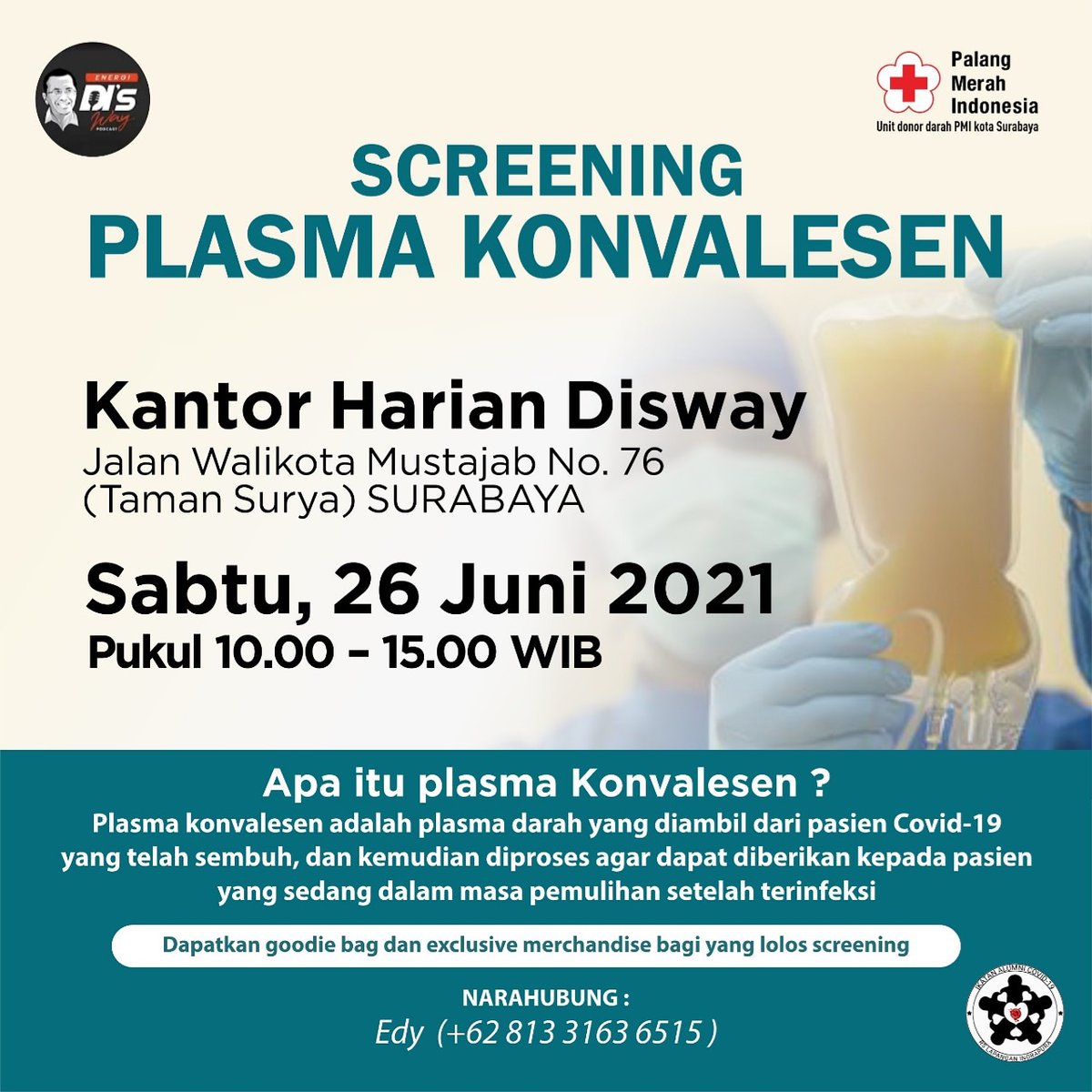 Ayo rek penyintas covid-19 bantu saudara2 kita,, darahmu memberikan kebahagiaan,  kesehatan orang lain <a href="/e100ss/">Radio Suara Surabaya</a> <a href="/JatimPemprov/">Pemprov Jawa Timur</a> <a href="/KhofifahIP/">Khofifah Indar Parawansa</a> <a href="/detikcom/">detikcom</a> <a href="/EmilDardak/">Emil E Dardak</a> <a href="/jokowi/">Joko Widodo</a> <a href="/antara_id/">Antara dot co dot id</a> <a href="/TRANSTV_CORP/">TRANS TV</a> <a href="/Divisi_PB_PMI/">IG : berita_bencana 🔴</a> <a href="/Jatim_NET/">NET. BIRO JAWA TIMUR</a> <a href="/kompascom/">Kompas.com</a> <a href="/liputan6dotcom/">LIPUTAN6</a> <a href="/palangmerah/">Indonesian Red Cross</a> <a href="/jawapos/">Jawa Pos</a> <a href="/KominfoJatim/">DISKOMINFO JATIM</a>