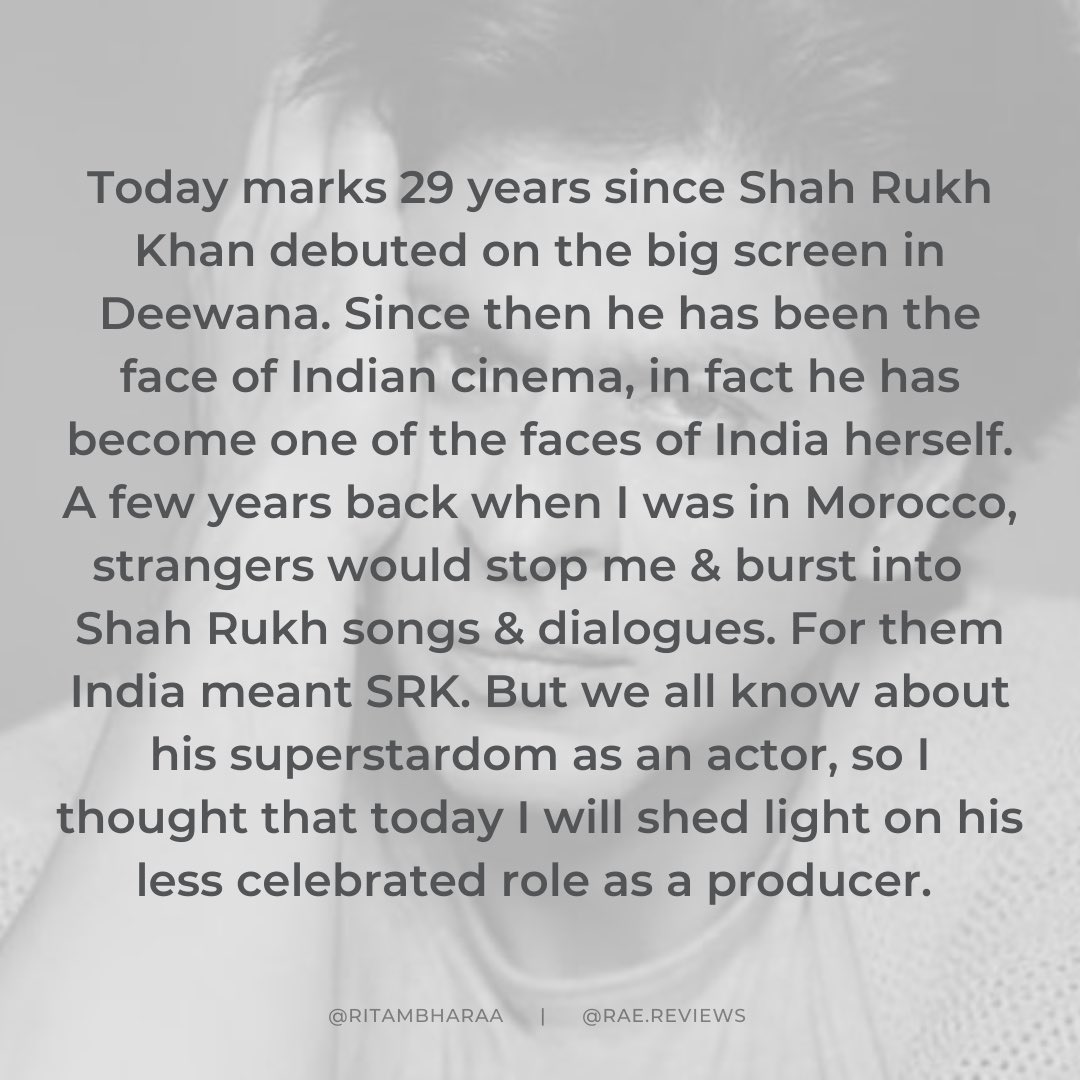 RitambharaA's tweet photo. And the caption that I *really* want people to read - it’s about @iamsrk’s courage &amp; conviction as a film producer. How like a true cinema lover, he has always sought to experiment &amp; explore! (2/2) #ShahRukhKhan #29YearsOfSRK #RaeReviews @RedChilliesEnt @gaurikhan https://t.co/yIKqr0003Q