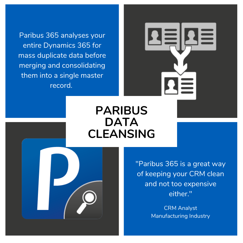 Paribus365's tweet photo. Achieving clean #data should be a key goal of any #DataQuality strategy. Paribus #DataCleansing searches across yr entire #Dynamics365 system to identify large-scale #DataDuplication. Duplicates can be reviewed before easily merging & consolidating them: https://t.co/W03ap8jjJ3 https://t.co/MveQkOei1q