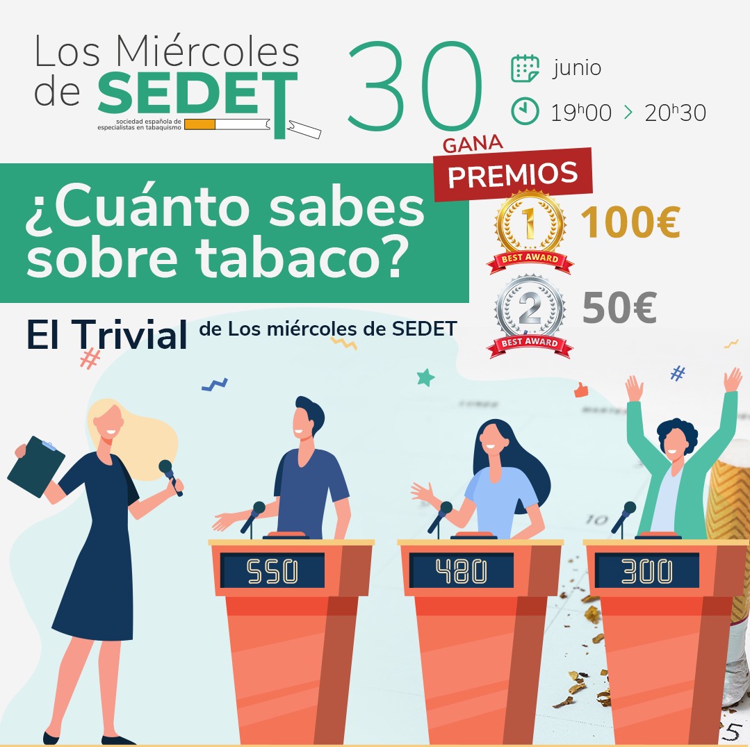 Y como colofón a la temporada de #LosMiercolesdeSEDET apuntante a nuestro #trivial de tabaquismo.
Repasa los vídeos de este curso, participa y si eres el mejor, te toca premio!!

Nos vemos el miércoles 30 a las 17:00

<a href="/nofumadores/">nofumadores</a> <a href="/CNPT_E/">CNPT</a> @aeccMadrid @psicoprevencin1